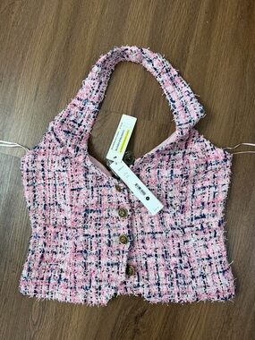 Aqua Pink Tweed Button-Down Cropped Tank Top